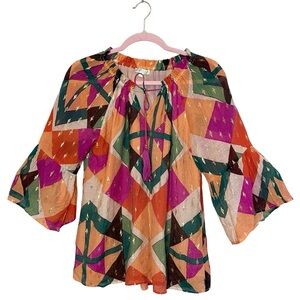 JADE By Melody Tam Bell Sleeve Geometric Print Blouse, Small